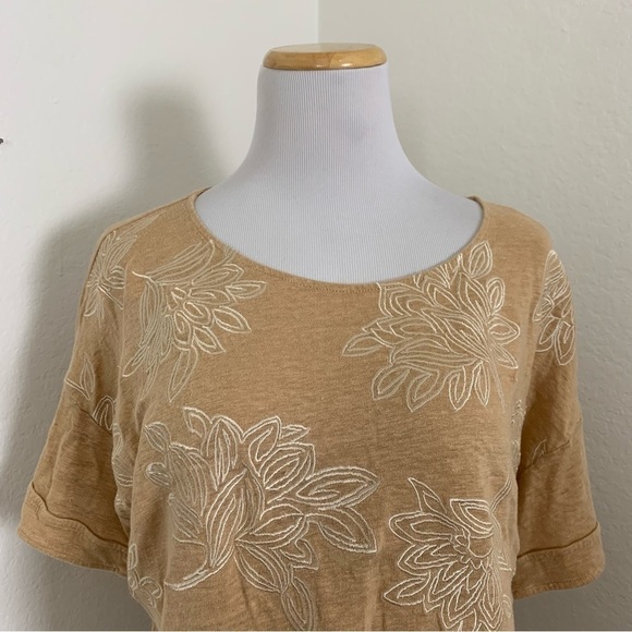 Chicos Womens 100% Linen Embroidered Short Sleeve Top Tan Neutral Lagenlook - Picture 7 of 16